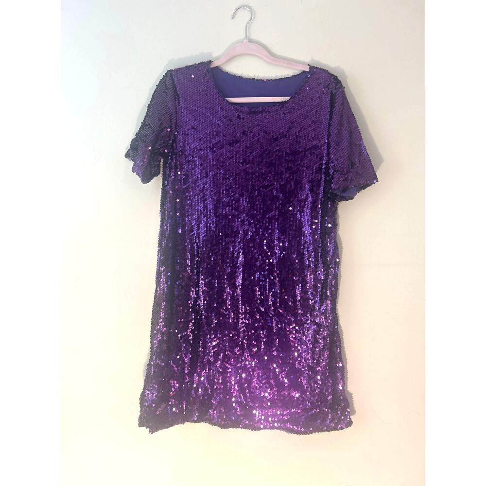 Purple Sequin Shift Dress Short Sleeve